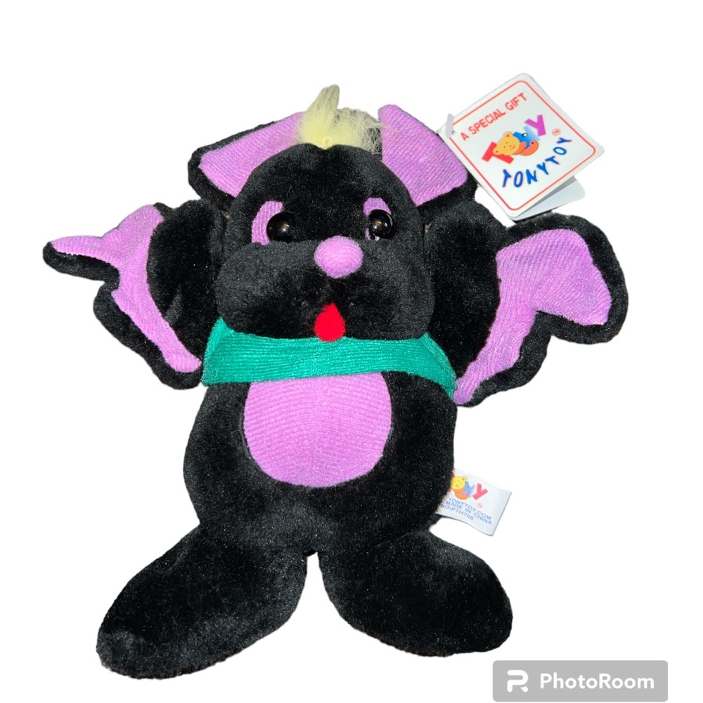 Vintage Tony Toy Plush Black And Purple Bat Green Shirt Stuffed Animal